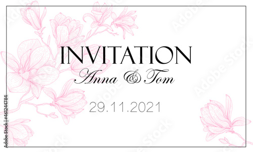 Vector illustration of a wedding invitation. Business card template. Delicate graphic pink magnolia flowers