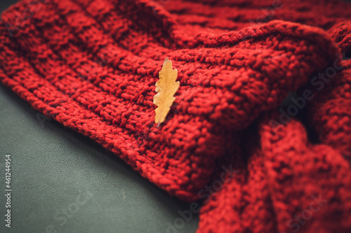 Red knitted scarf with an autumn leaf. The concept of warmth and comfort