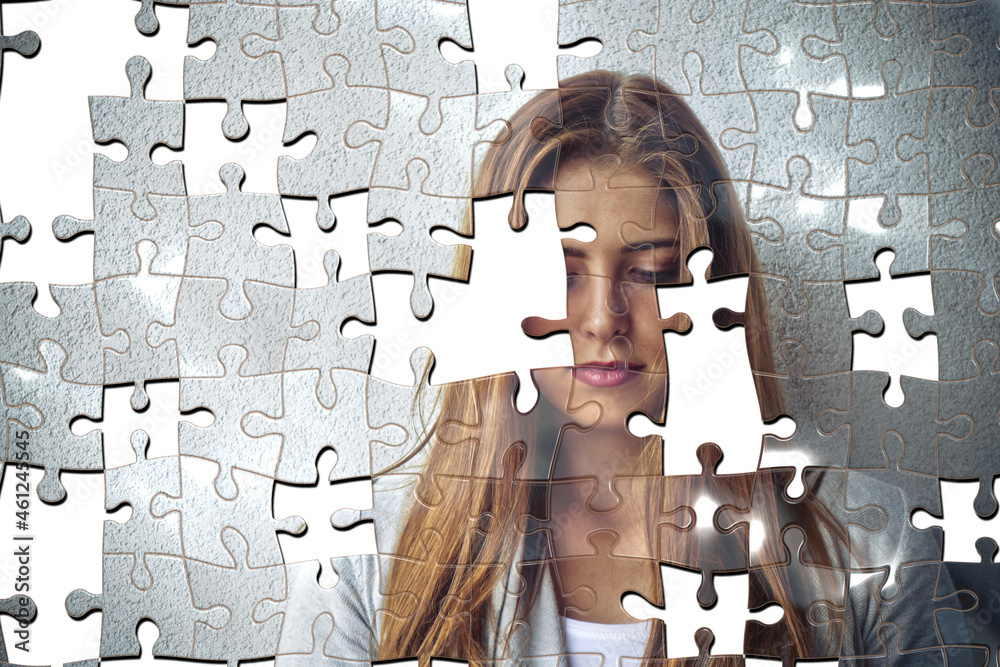 jigsaw puzzle brunette teenager girl portrait with missing pieces, self esteem concept