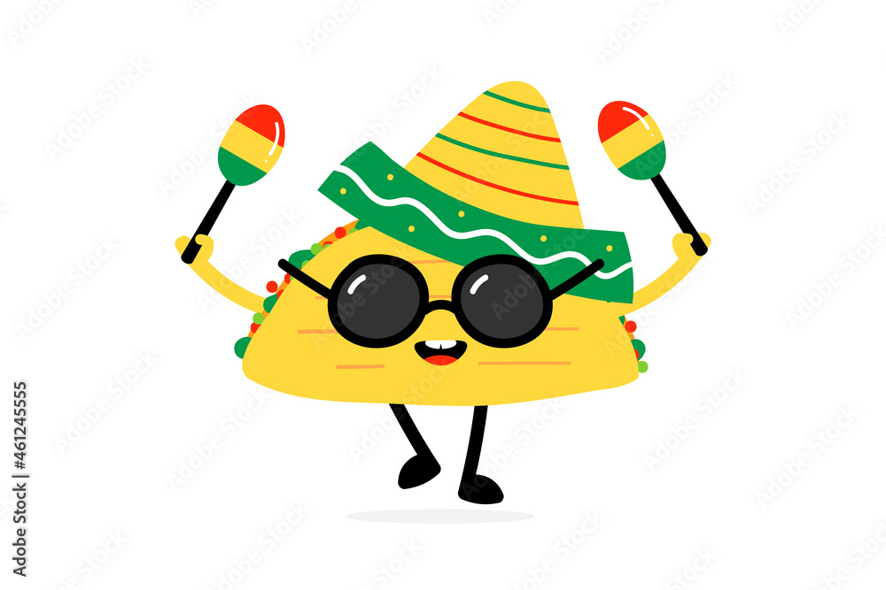 Cute colorful cartoon style taco character in sunglasses and sombrero  dancing with pair of maracas in hands. Cinco de mayo celebration icon,  illustration. Stock Vector | Adobe Stock