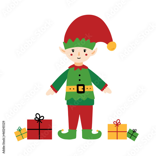 Cute christmas elf character in green costume with bunch of gifts, presents, packages for christmas celebration vector cartoon style illustration.