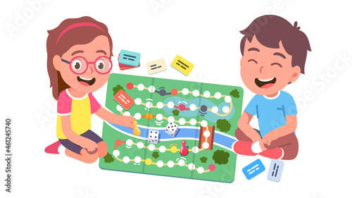 Kids boy and girl playing board game together