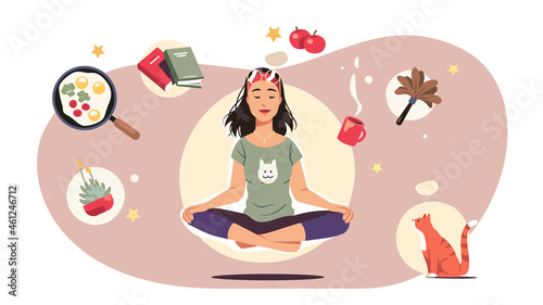 Relaxed housewife meditating without worries