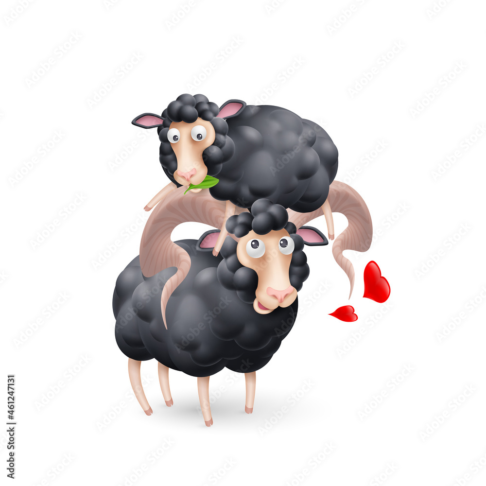 Fototapeta premium Cute and Funny Two Black Sheep Characters in Love. Cartoon Illustration of Pair Lovers Sheeps with Red Hearts on White Background. Perfect Template for Greeting Valentines Day Card