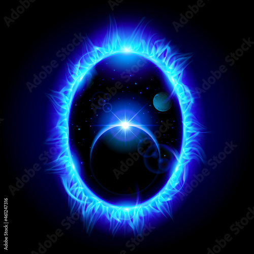 Bright Eclipse Blue Starscape in the Blue Flame Portal. Solar eclipse. Abstract Scientific Background. Shine Round Frame with Fire, Light Circles Light Effect