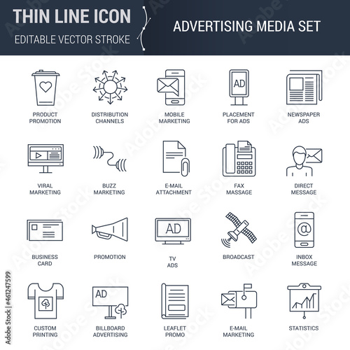 Icons Set of Advertising Media. Editable Vector Stroke. Premium Mono Linear Plain Laconic Logo