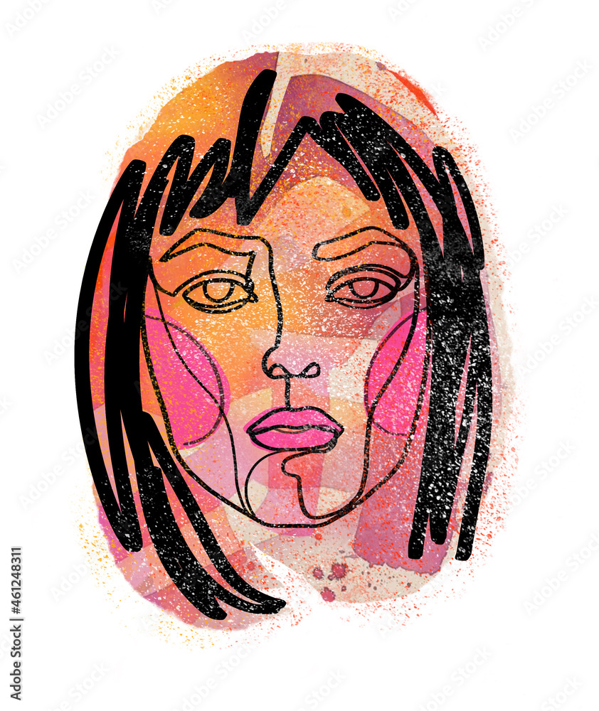Ilustracja przedstawiająca portret dziewczyny w kolorach pomarańczowym, magenty, żółtym i beżowym z konturem czarnej linii. Grafika cyfrowa przeznaczona do druku na tkaninie, t-shircie, plakacie. - obrazy, fototapety, plakaty 