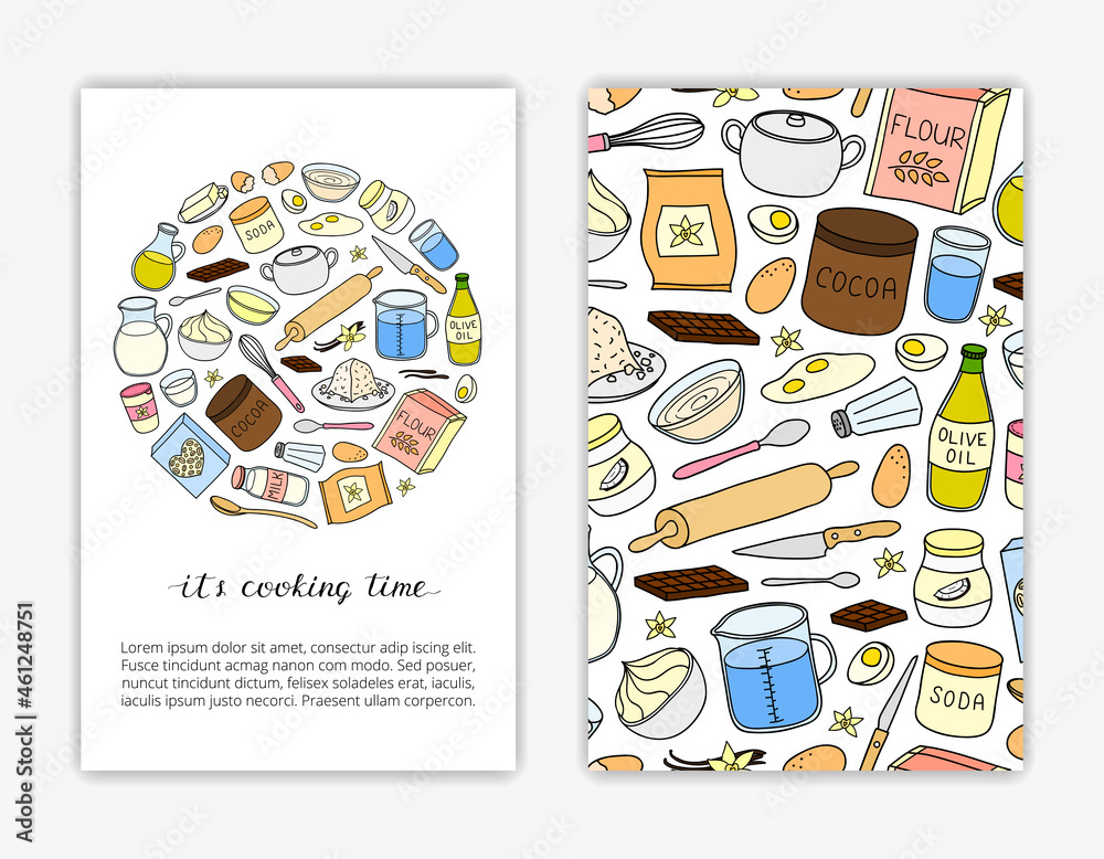 Card templates with hand drawn cooking ingredients.