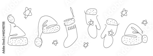 Christmas Elements one line. Santa clothes line art. xmas mitten and socks continuous line. outline winter outfit.