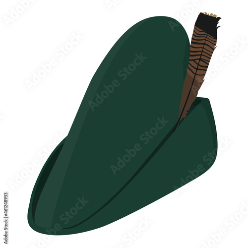 Robin Hood hat isolated on white. Austrian green hat with feather