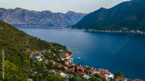 Aerial panoramic view of the Bay of Kotor Perast Montenegro with the mountains