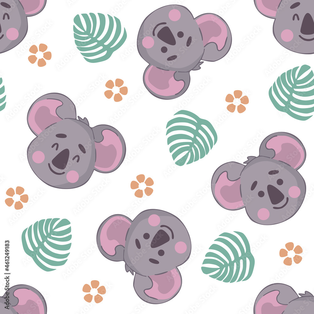 Cute seamless pattern with koala for kids. Stock vector illustration. Pattern for textiles, wrapping paper, fabrics, postcards on a white background. Cute seamless pattern with koala for kids. Stock vector illustration. Pattern for textiles, wrapping paper, fabrics, postcards on a white background.