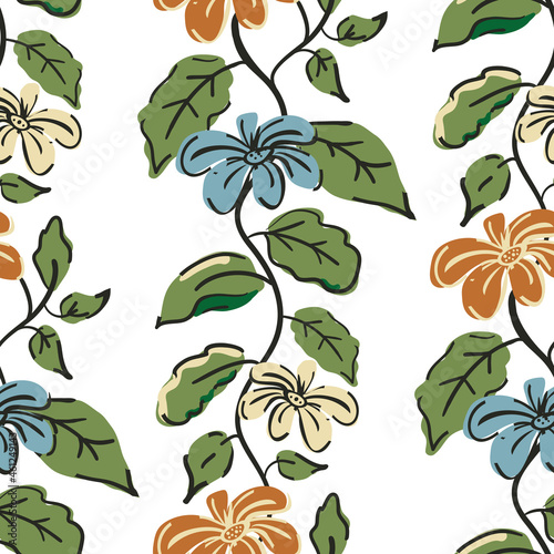 Trailing florals vector seamless pattern background. Arts and crafts style ochre, blue flowers, green foliage on white backdrop. Light botanical repeat in painterly hand drawn style. For wellness