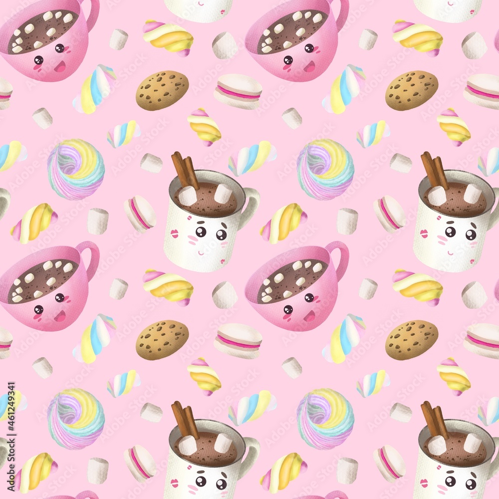 Obraz premium cartoon, seamless, pattern, baby, illustration,design, marshmallow, cacao, character, sweet, pink, gentle