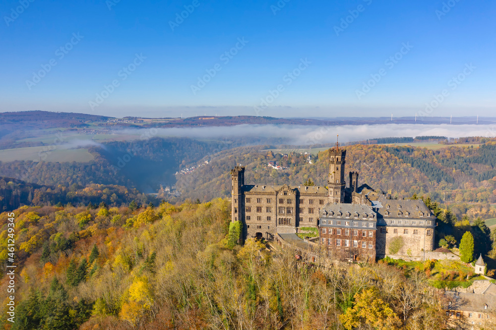 Bird's eye view of Schaumburg Castle near Balduinstein / Germany in autumn 
