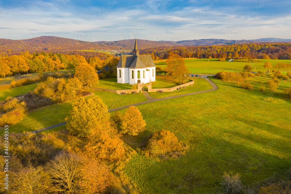 Bird's eye view of the Kreuzkapelle near Bad Camberg / Germany in autumn 