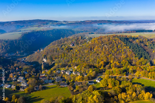Bird s eye view of Balduinstein   Germany in autumn with light early morning fog