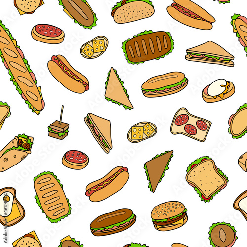 Seamless pattern with sandwiches and burgers.