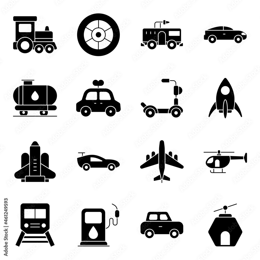Pack of Transport and Vehicles Solid Icons Pack of Transport and Vehicles Solid Icons