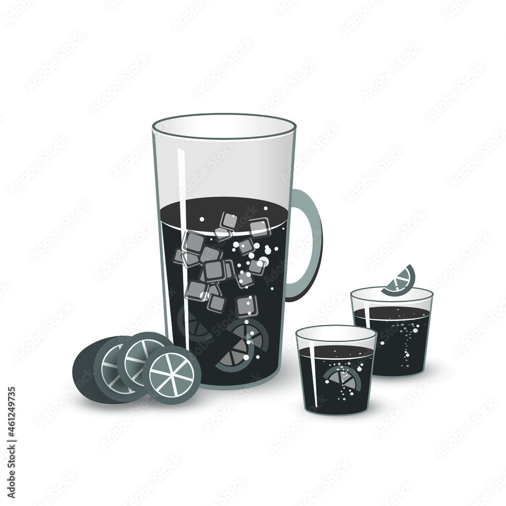 Lemon juice in a jug with ice cubes and glasses of the same drink next to the sliced lemon. Vector monochrome drawing isolated on white background. Lemon juice in a jug with ice cubes and glasses of the same drink next to the sliced lemon. Vector monochrome drawing isolated on white background.
