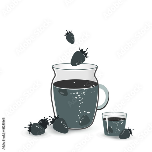 Strawberry juice or cold berry tea in a jug and a glass of the same drink and strawberries next to it. Vector monochrome drawing isolated on white background. 
