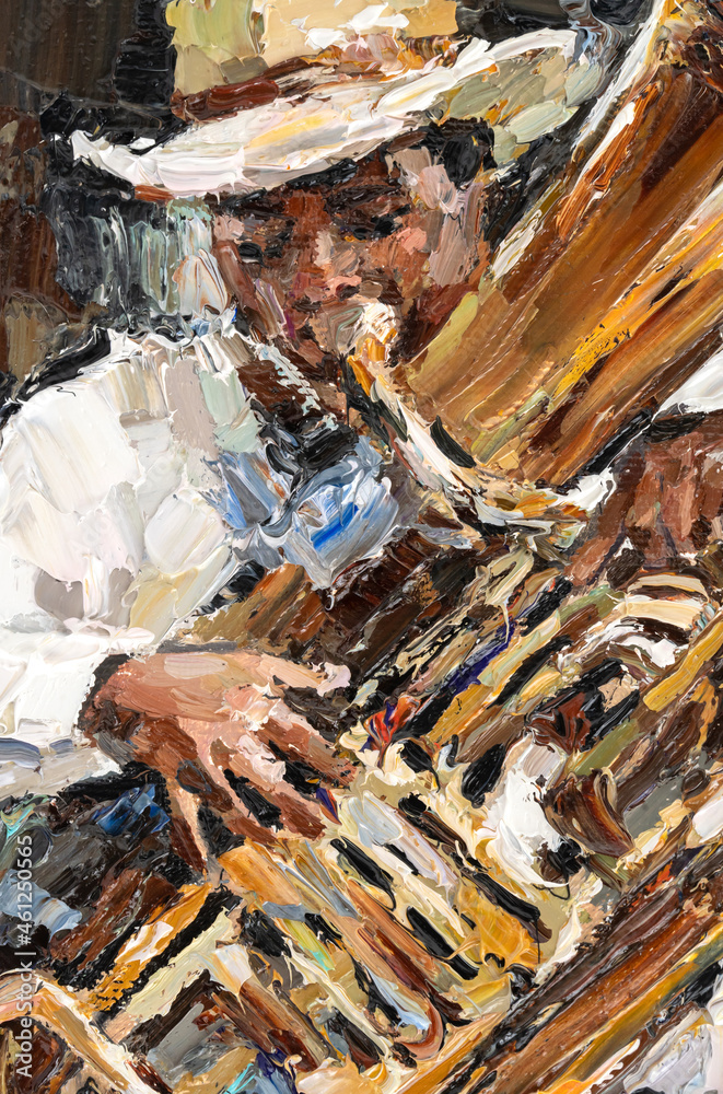.A man plays the copper pipe. Music in a symphony orchestra on wind instruments. Oil painting on canvas.