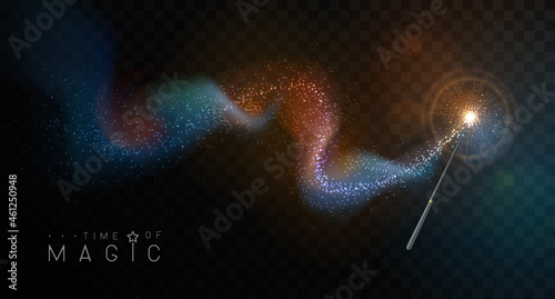 Magic wand with blue and gold glowing shiny trail. Isolated on black transparent background. Vector illustration