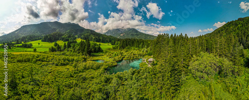 Aerial Panoramic View of Zelenci Spring Nature Reserve in Slovenia Julian Alps