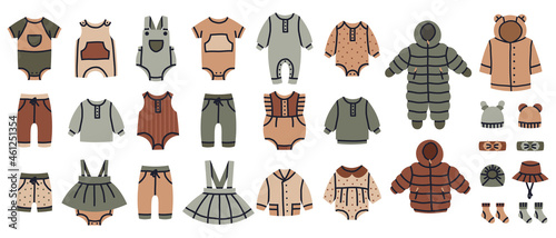 Baby girl and boy fashion clothes. Kids clothing, children casual garments, bodysuit, jumper, dresses and pants cartoon vector nursery illustration set. Boys and girls childish wearing