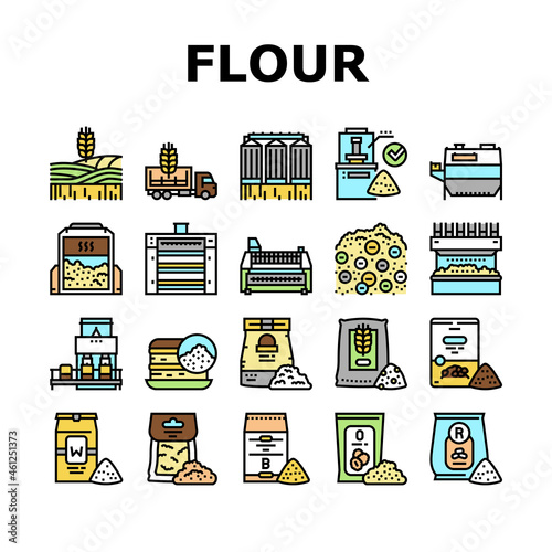 Flour Factory Industry Production Icons Set Vector. Wheat And Oat, Barley And Rice Flour For Baking Pastry Dessert Line. Agronomy Field With Growing Plant And Industrial Machine Color Illustrations