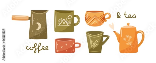 Hygge cups set. Collection of cute cozy coffee and tea cups, teapot, cezve. Flat vector illustration