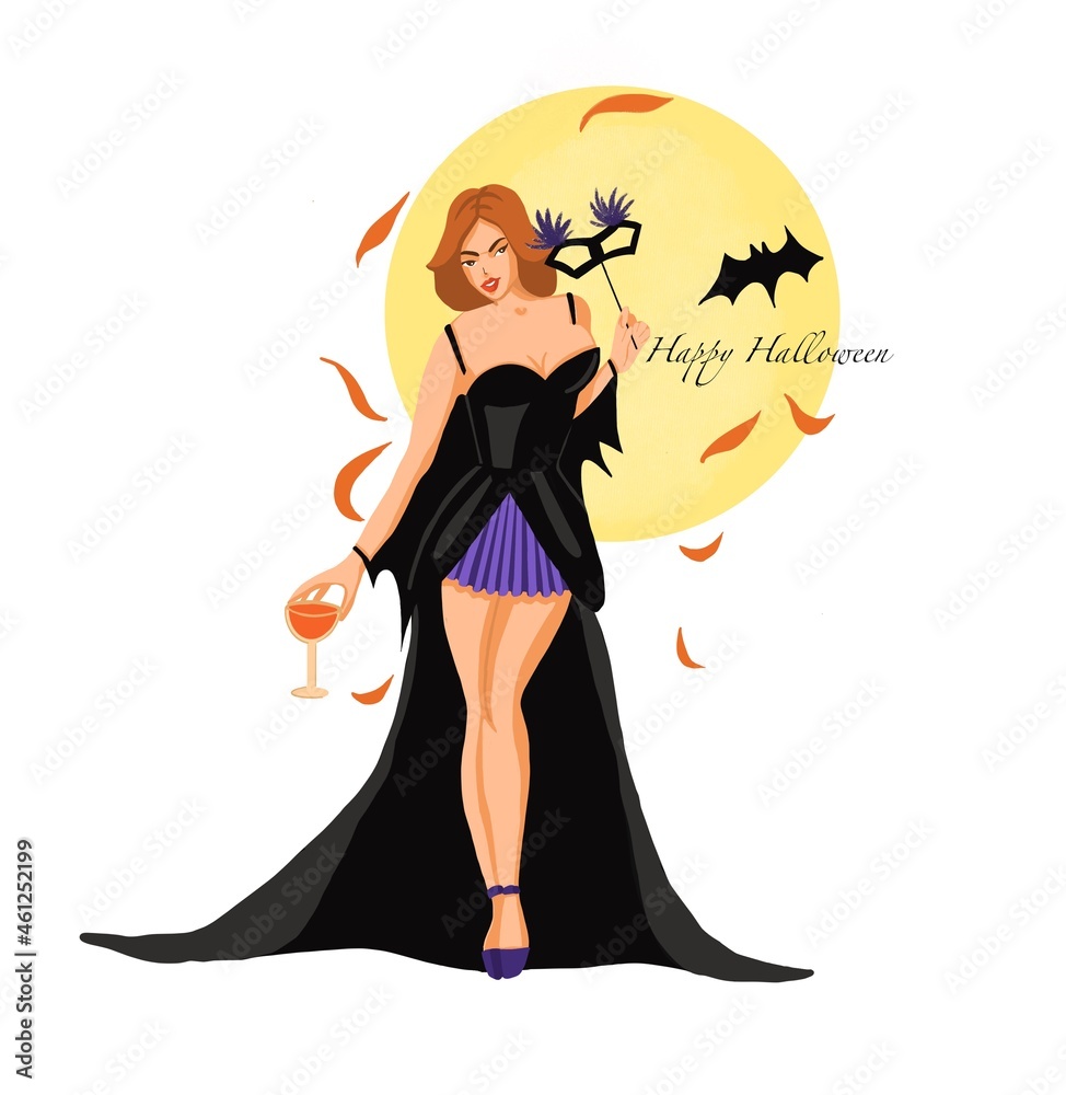 halloween witch . Halloween postcard, card, poster. Girl in black dress bat's suit on party mood. halloween witch . Halloween postcard, card, poster. Girl in black dress bat's suit on party mood.