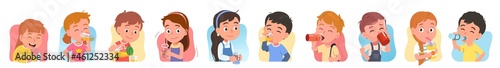 Girls, boys hold bottles, glasses, cups, drinking 