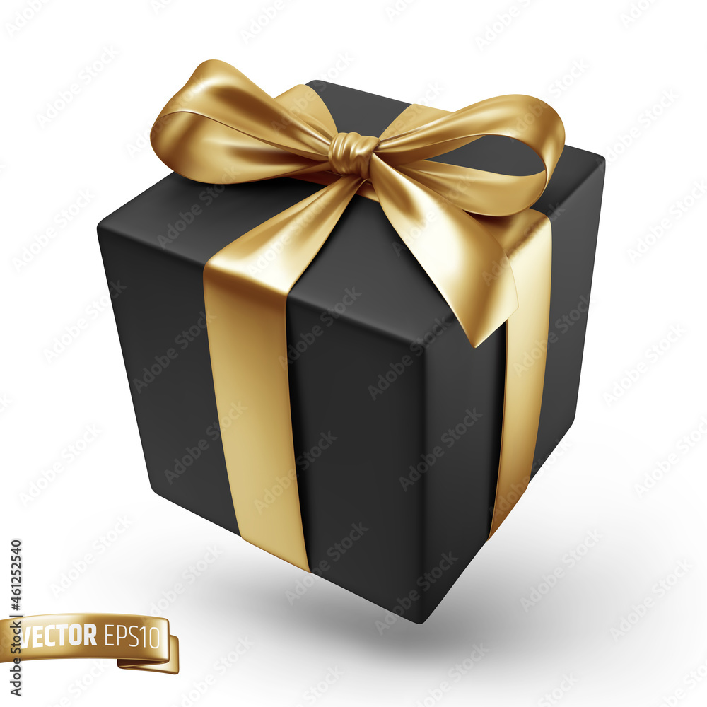 Vector realistic illustration of a black gift box with a gold ribbon on
