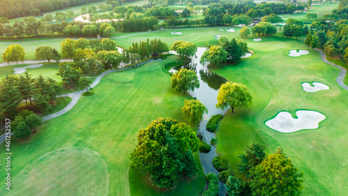 Aerial view of green lawn and forest on golf course.Green golf course scenery at sunset.