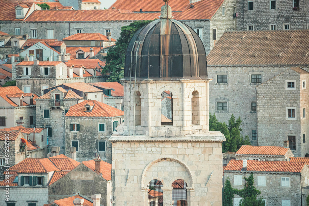 The Dubrovnik Bell Tower in Luža Square. It's also known as Sušak Bell Tower built in the 14th century. Top of the tower, Belvedere, from which you can see beautiful view of the old city of Dubrovnik - obrazy, fototapety, plakaty 