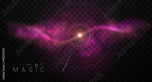 Magic wand with pink glowing shiny trail.  Isolated on black transparent background. Vector illustration