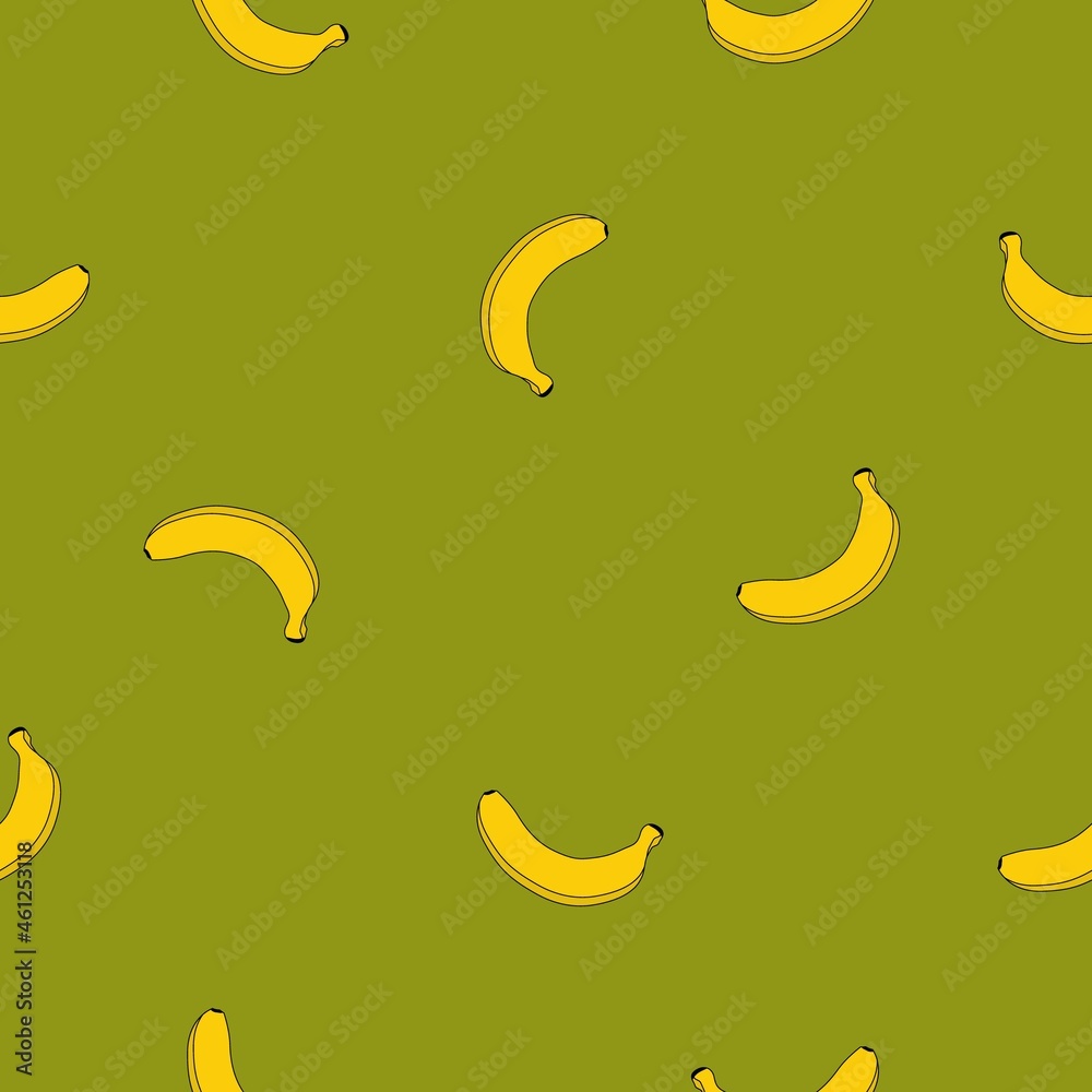 Seamless pattern of yellow bananas on a green background. Vector. Banana print. Seamless pattern of yellow bananas on a green background. Vector. Banana print.