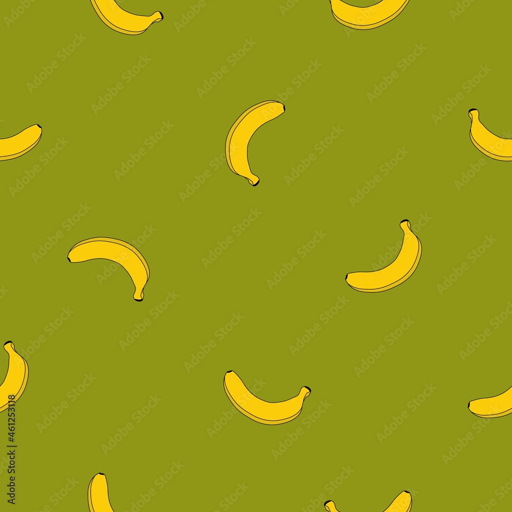 Seamless pattern of yellow bananas on a green background. Vector. Banana print.