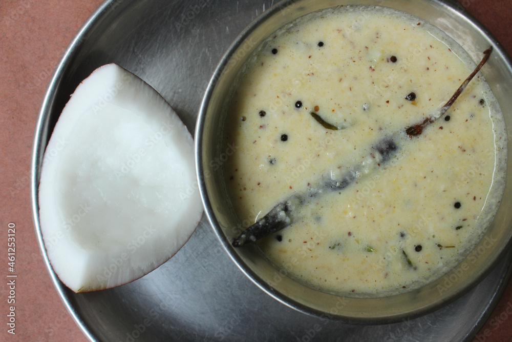 Closeup of nariyal chutney and coconut Closeup of nariyal chutney and coconut