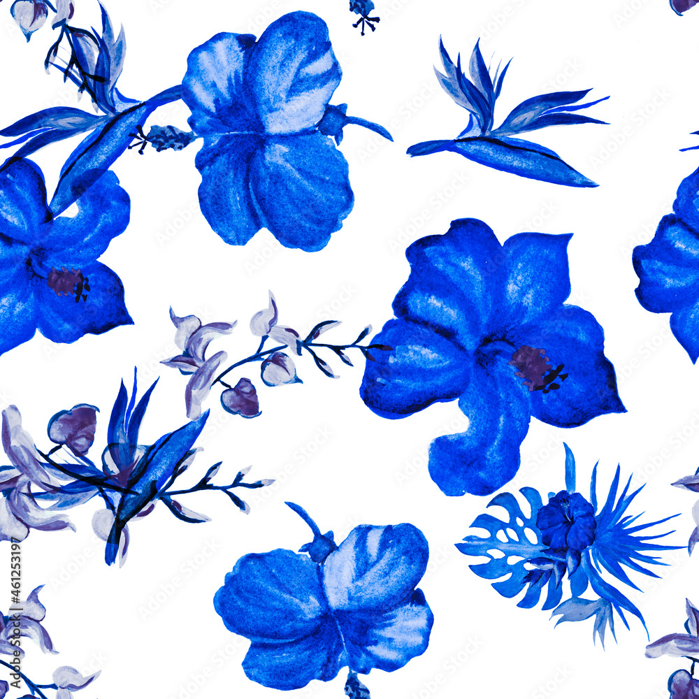 Azure Hibiscus Texture. Blue Flower Textile. Indigo Seamless Background. Watercolor Garden. Pattern Wallpaper. Beryl Tropical Leaf. Exotic Backdrop. Art Leaf.