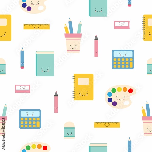 Kawaii childish seamless pattern. Back to school. Funny cartoon pencil, globe, eraser and ruler.