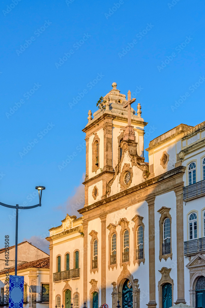 Facade of an old and historic church from the 18th century in the central square of the Pelourinho district in the city of Salvador, Bahia at afternoon