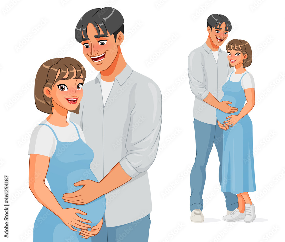 Happy Asian Man Holding Belly Of His Pregnant Wife Vector Illustration Stock Vector Adobe Stock 