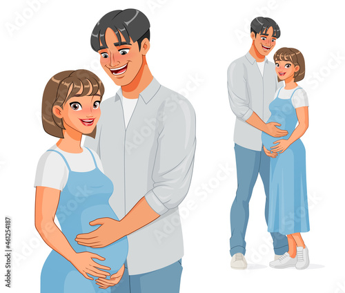 Happy Asian man holding belly of his pregnant wife. Vector illustration.