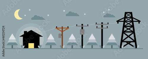 Electric poles to transmit electricity to house or home with tree night time icon flat vector design. Concept eco clean green energy environmentally friendly.