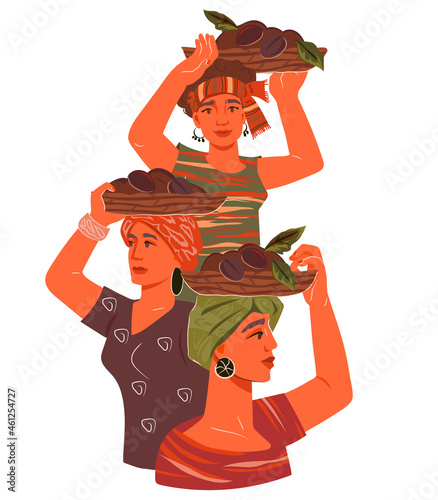 Beautiful women carrying baskets of coffee beans, hand drawn flat illustration isolated on white background. Coffeehouse, cafe  emblem or logo for coffee packaging design element.