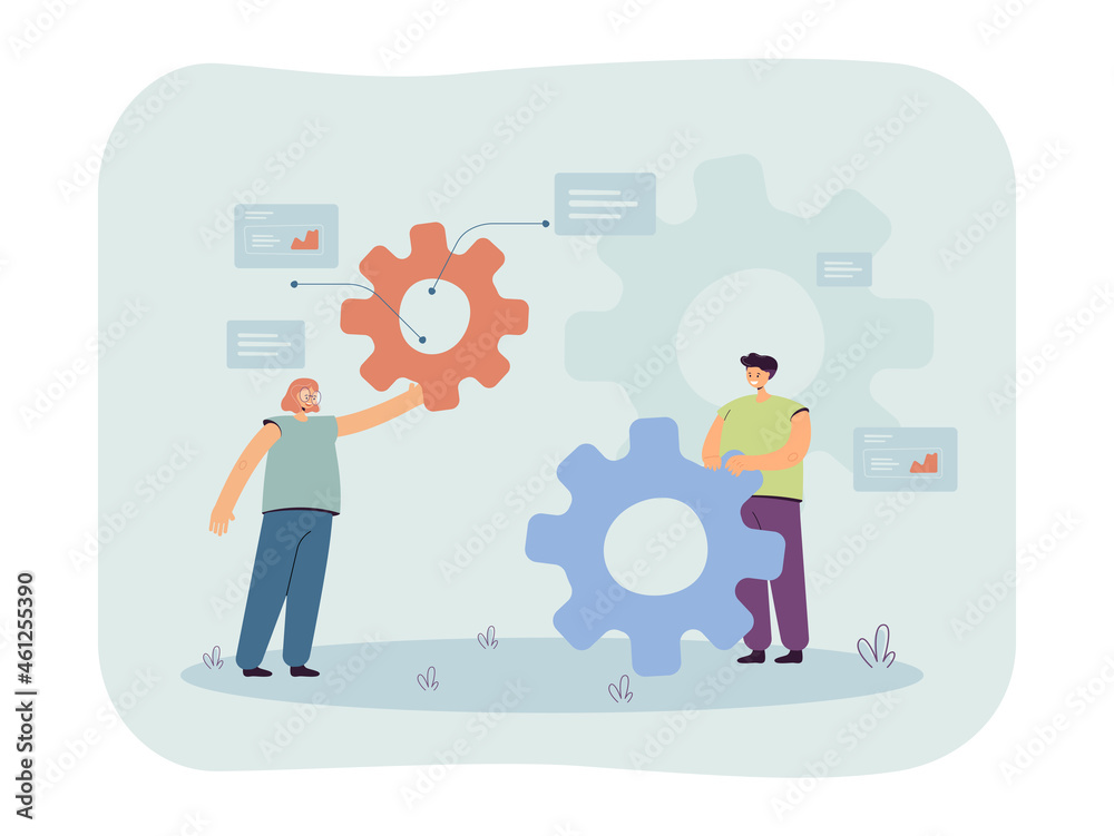 People holding gears in hands. Team of tiny male, female characters in working process flat vector illustration. Teamwork, business cooperation concept for banner, website design or landing web page