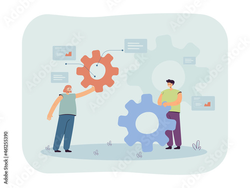 People holding gears in hands. Team of tiny male, female characters in working process flat vector illustration. Teamwork, business cooperation concept for banner, website design or landing web page