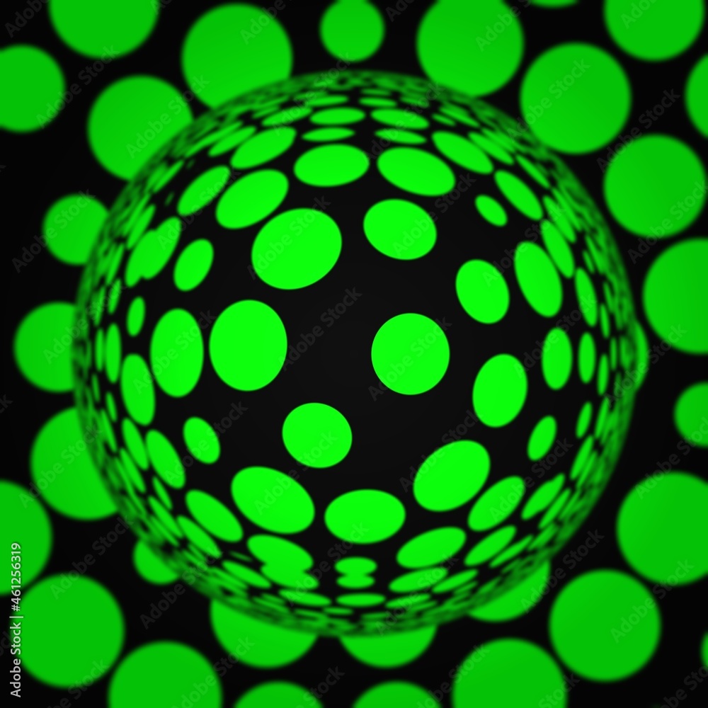 pattern and design from many neon green dots in regular geometric socal distance arrangement on black background with glass sphere pattern and design from many neon green dots in regular geometric socal distance arrangement on black background with glass sphere